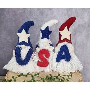Patriotic Gnomes Figures Red White Blue Felt Decor Shelf Sitters 7" USA Set Of 3